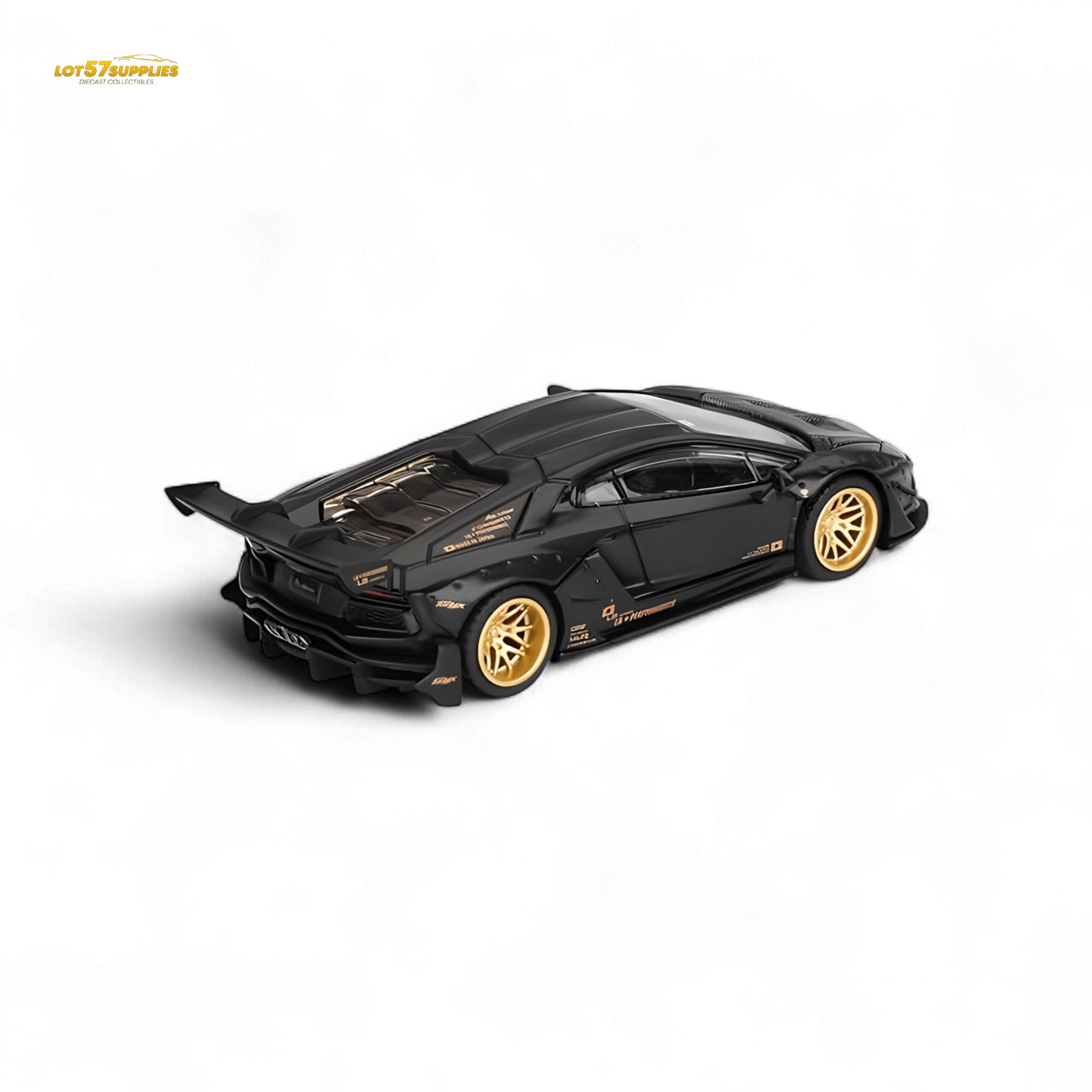 Matte black Mini-GT LB★WORKS Lamborghini Aventador diecast model in 1:64 scale showing detailed exterior design and sleek finish.