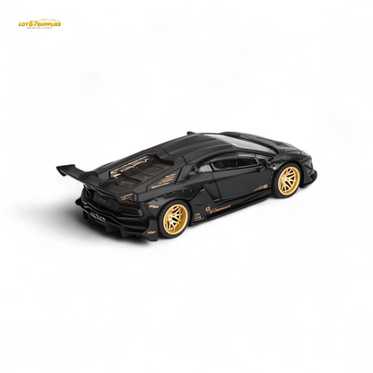 Matte black Mini-GT LB★WORKS Lamborghini Aventador diecast model in 1:64 scale showing detailed exterior design and sleek finish.