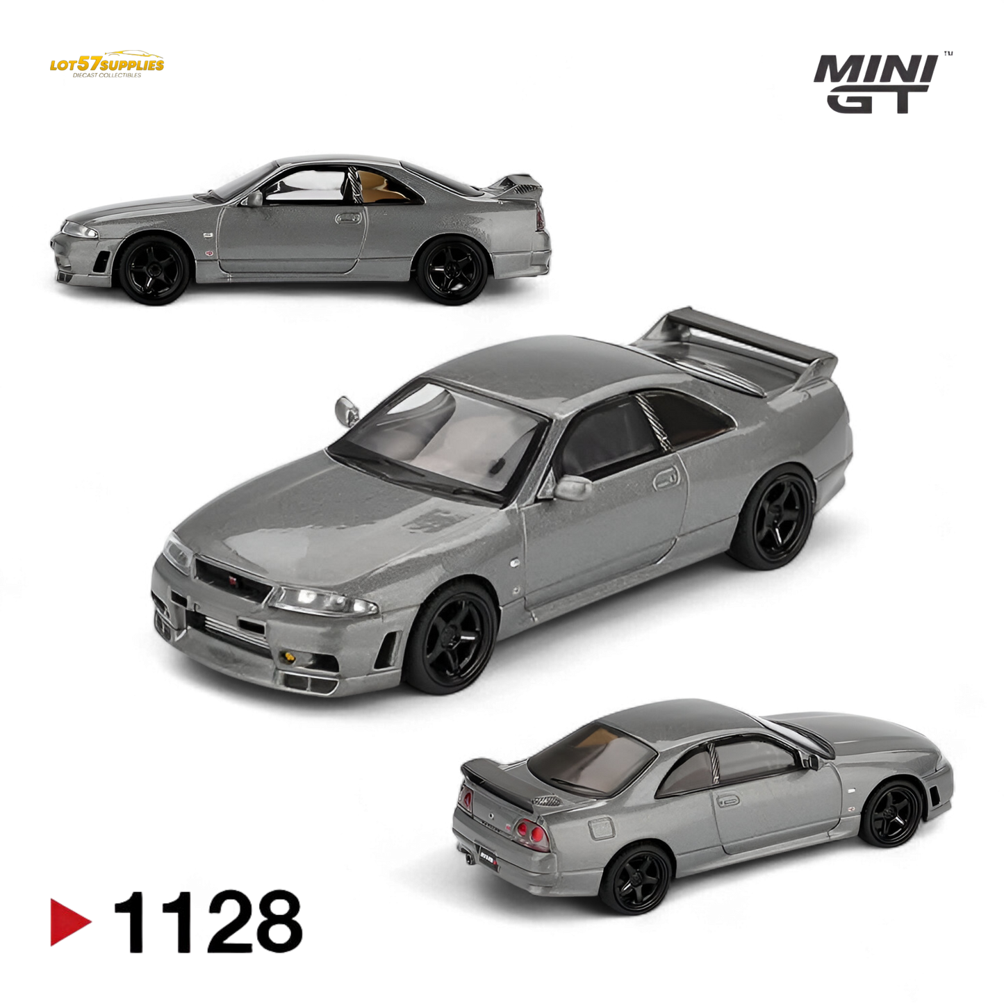 Mini GT Nissan Skyline GT-R NISMO BCNR33 diecast model in dark metal gray, 1:64 scale, showcasing detailed exterior features.