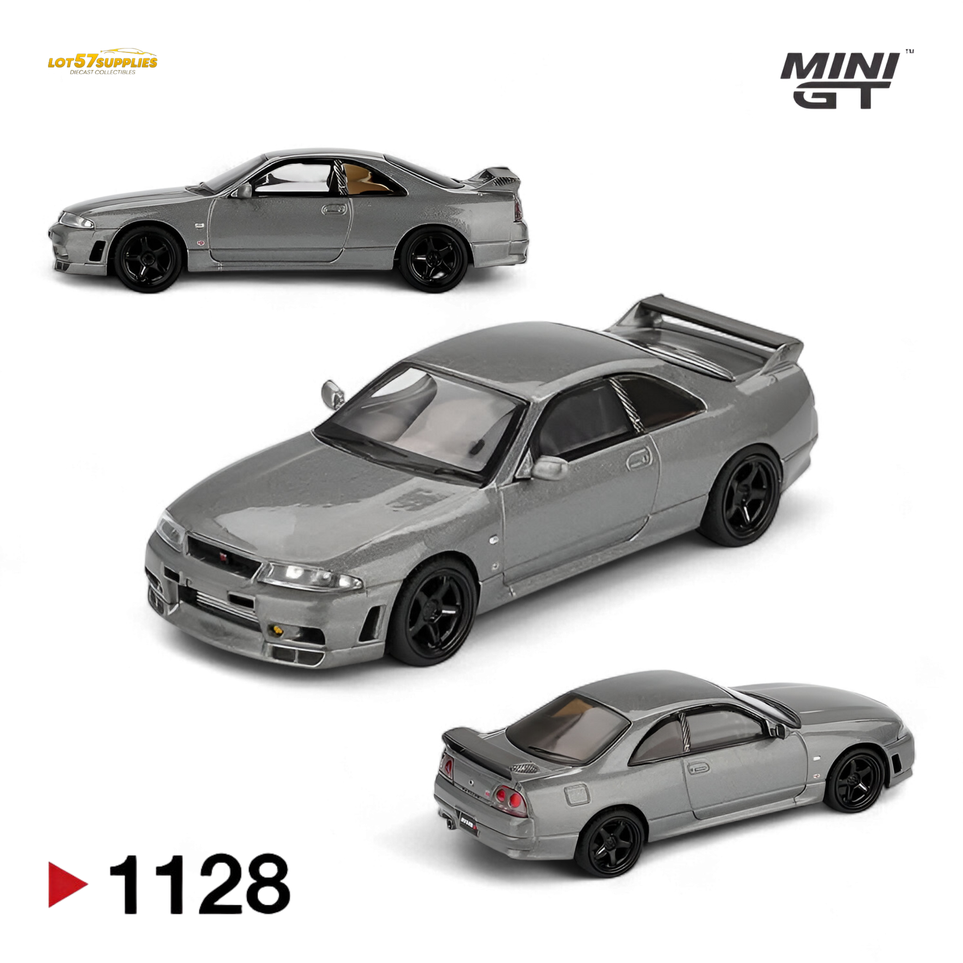 Mini GT Nissan Skyline GT-R NISMO BCNR33 diecast model in dark metal gray, 1:64 scale, showcasing detailed exterior features.