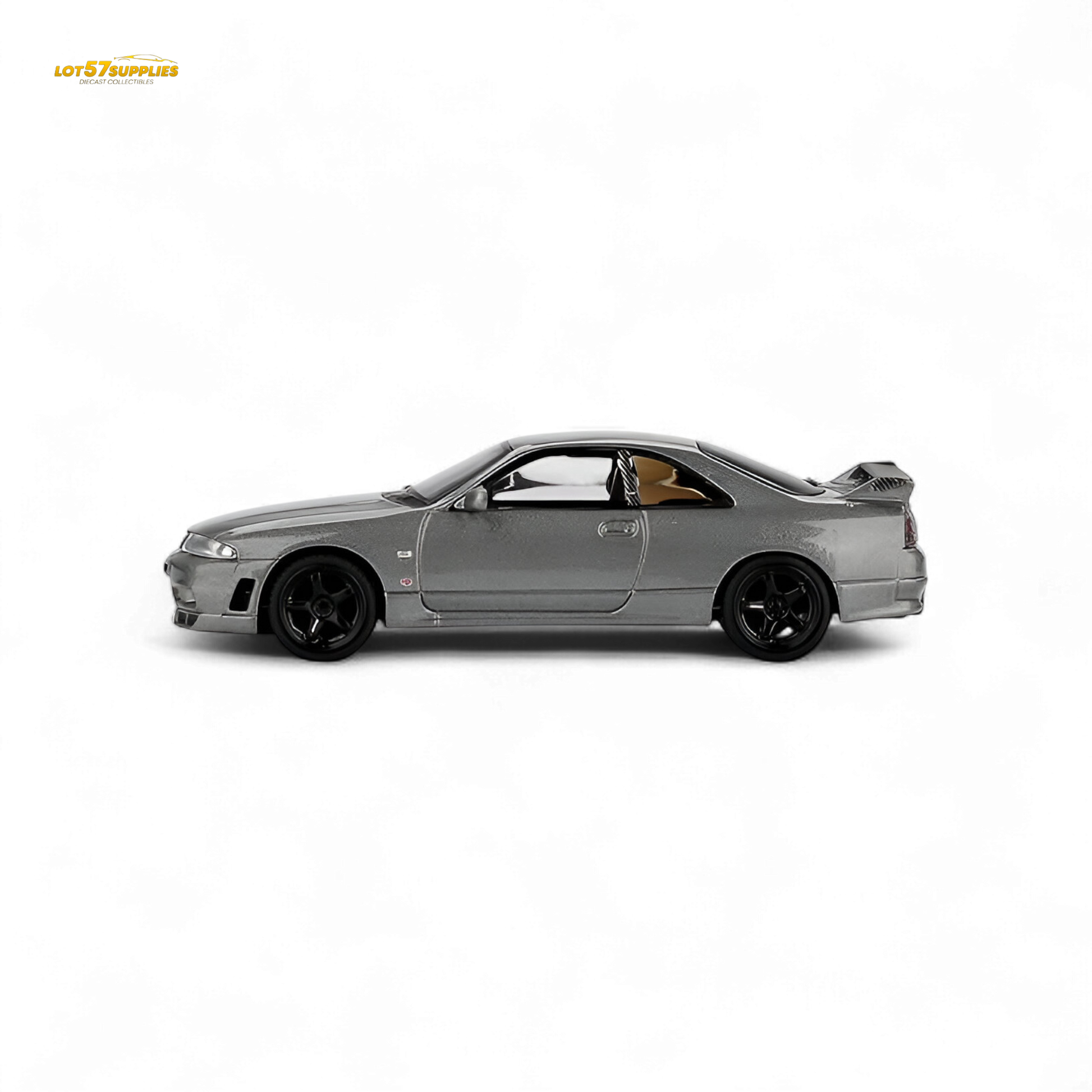 Mini GT Nissan Skyline GT-R NISMO BCNR33 CRS Version diecast car in dark metal gray, 1:64 scale, detailed model.