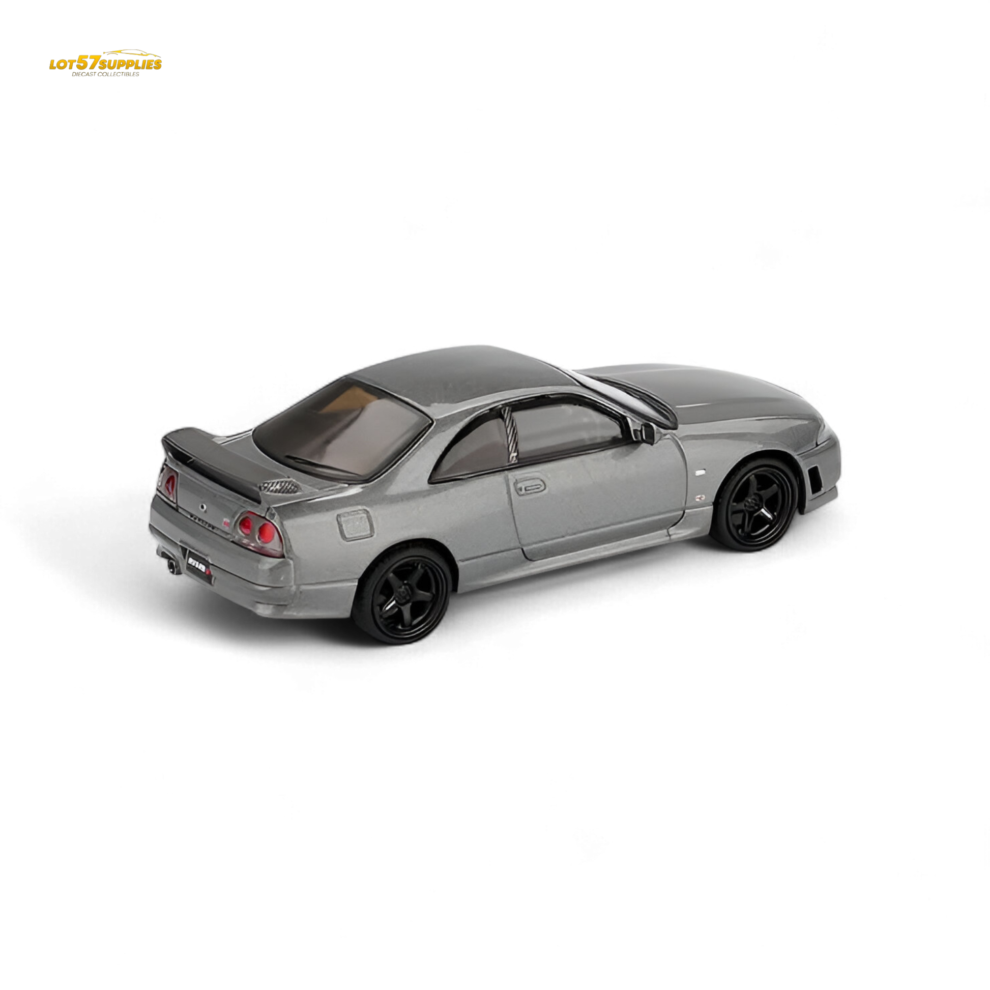 Mini GT Nissan Skyline GT-R NISMO BCNR33 diecast model in dark metal gray, 1:64 scale, detailed collectible car image.
