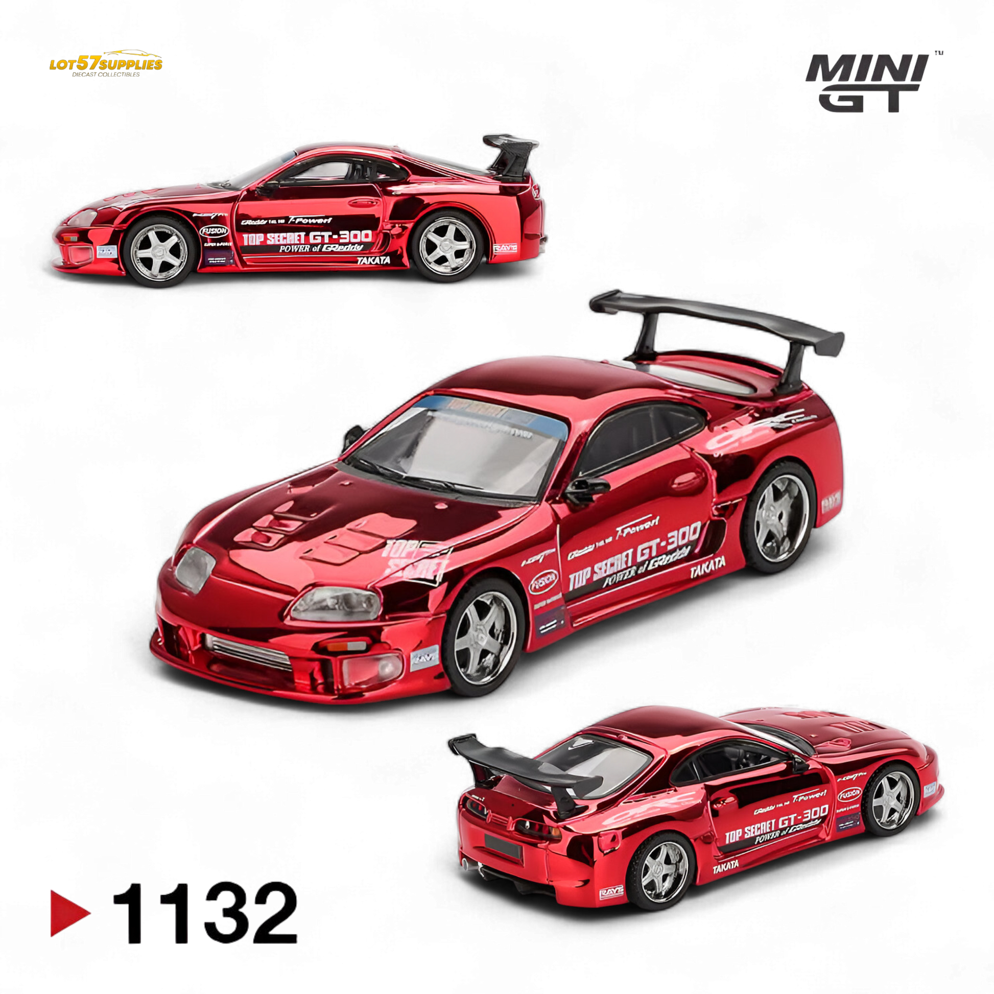 Mini GT Toyota Supra A80 Top Secret GT-300 diecast model in 1:64 scale, detailed silver Toyota sports car.