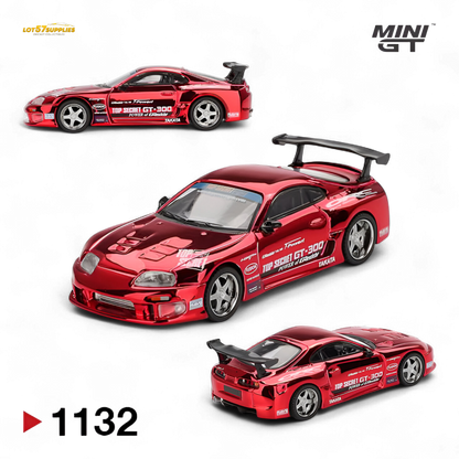 Mini GT Toyota Supra A80 Top Secret GT-300 diecast model in 1:64 scale, detailed silver Toyota sports car.