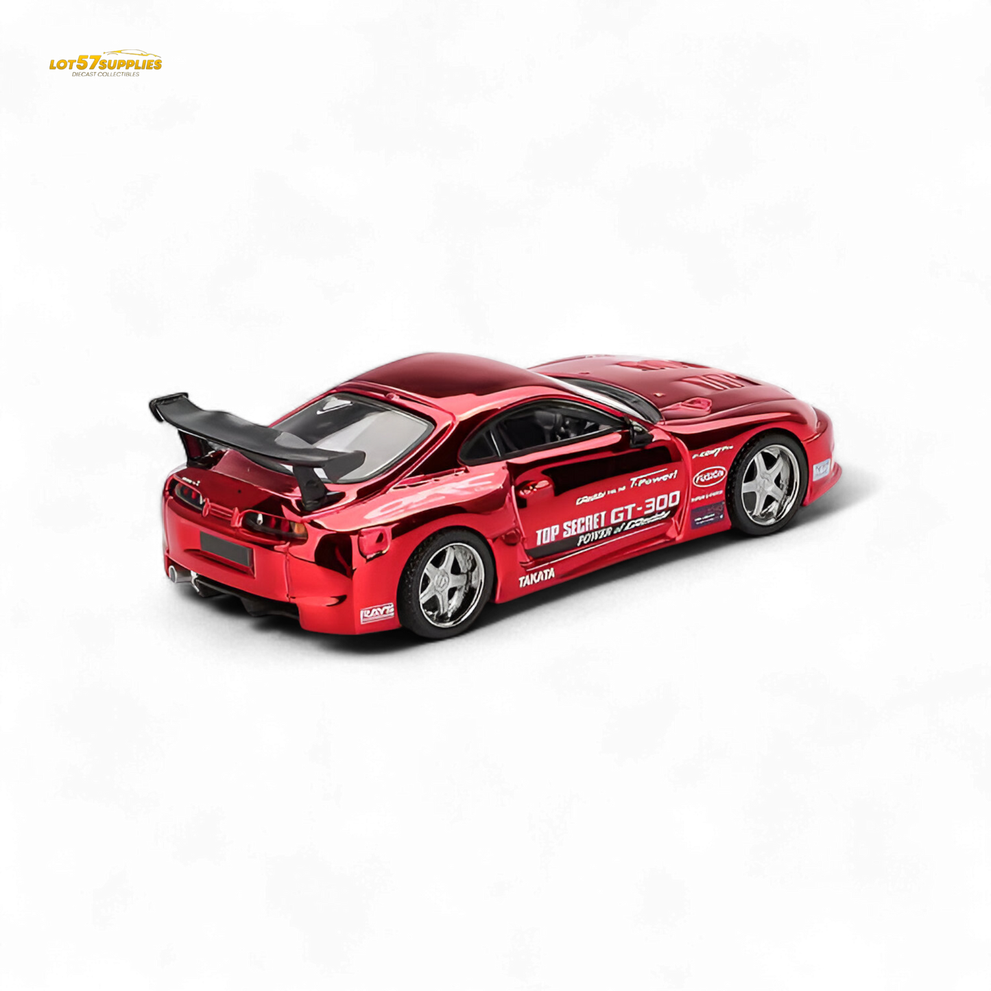 Mini GT Toyota Supra A80 Top Secret GT-300 diecast model in 1:64 scale, featuring detailed design and vibrant color.