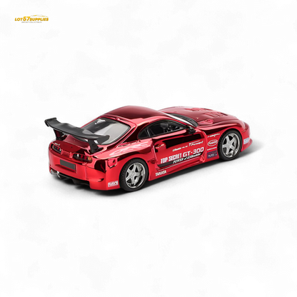 Mini GT Toyota Supra A80 Top Secret GT-300 diecast model in 1:64 scale, featuring detailed design and vibrant color.