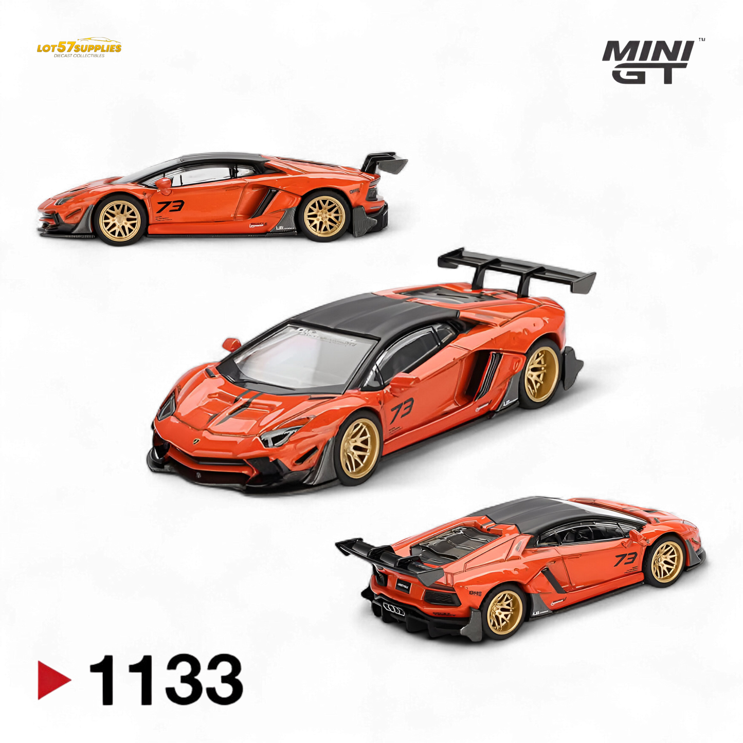 Orange Mini GT Lamborghini Aventador diecast model in 1:64 scale, detailed replica from Lot57Supplies Diecast Shop.