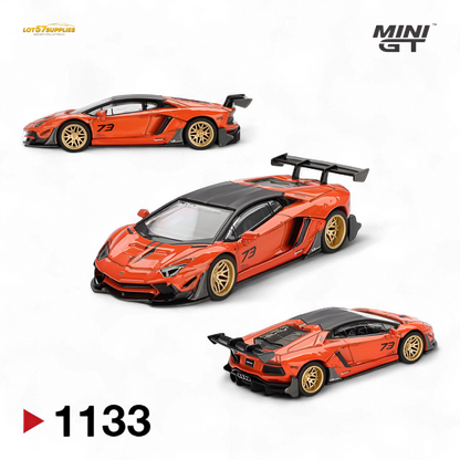 Orange Mini GT Lamborghini Aventador diecast model in 1:64 scale, detailed replica from Lot57Supplies Diecast Shop.