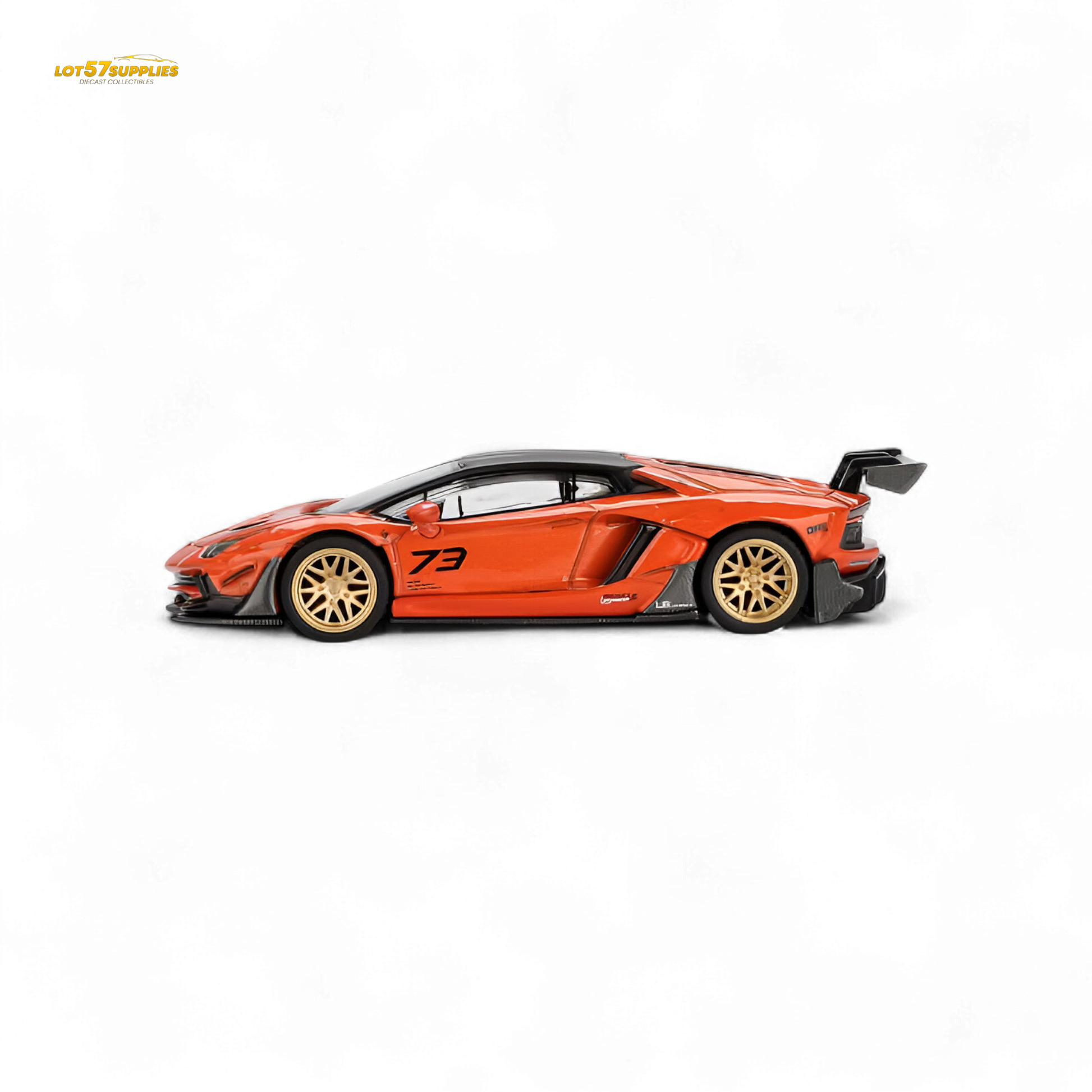 Orange Mini GT Lamborghini Aventador diecast model in 1:64 scale, detailed Lamborghini replica for collectors.