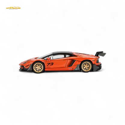 Orange Mini GT Lamborghini Aventador diecast model in 1:64 scale, detailed Lamborghini replica for collectors.