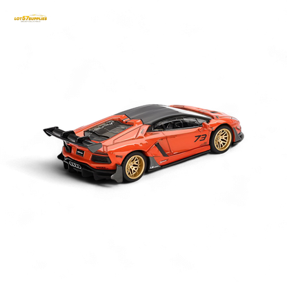 Orange Mini GT Lamborghini Aventador diecast car, 1:64 scale, detailed model from Lot57Supplies Diecast Shop, pre-order available.