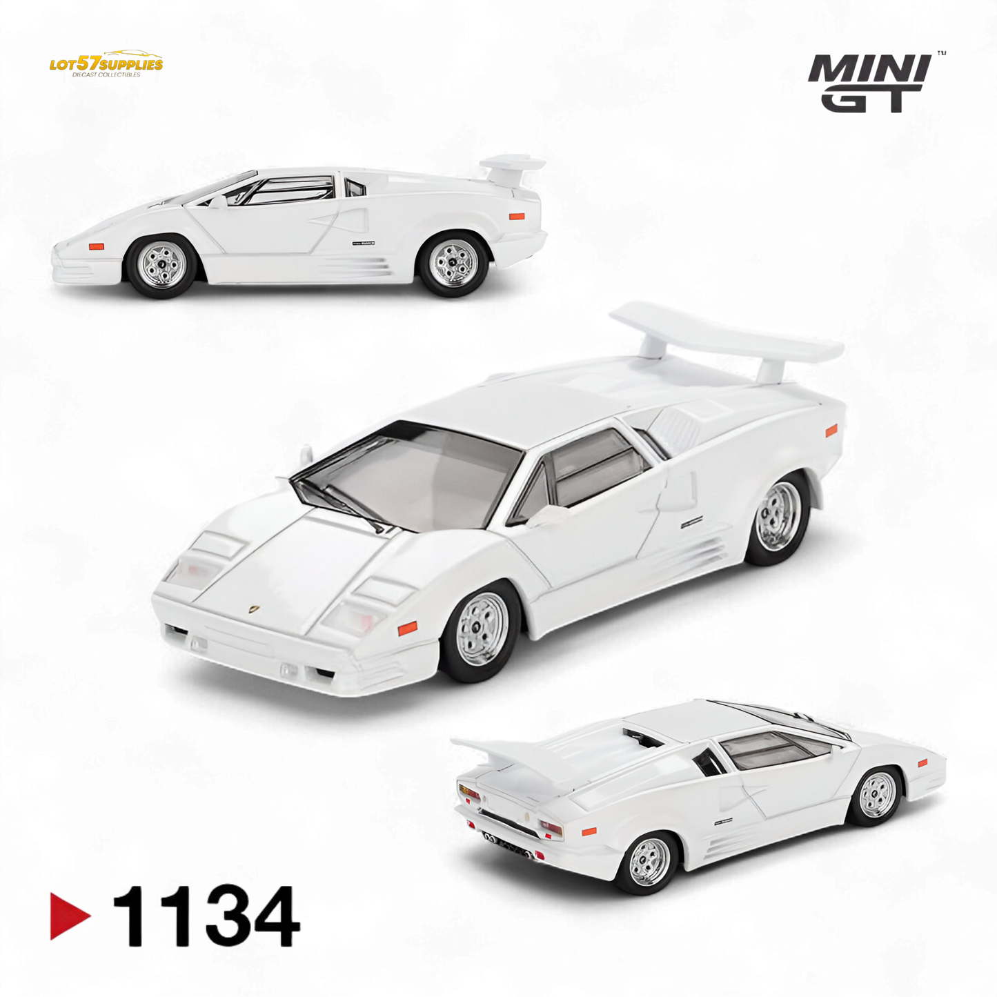 White Mini-GT Lamborghini Countach 25th Anniversary diecast model in 1:64 scale, detailed miniature collectible.