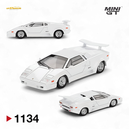 White Mini-GT Lamborghini Countach 25th Anniversary diecast model in 1:64 scale, detailed miniature collectible.
