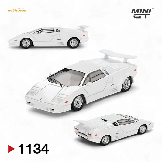 White Mini-GT Lamborghini Countach 25th Anniversary diecast model in 1:64 scale, detailed miniature collectible.