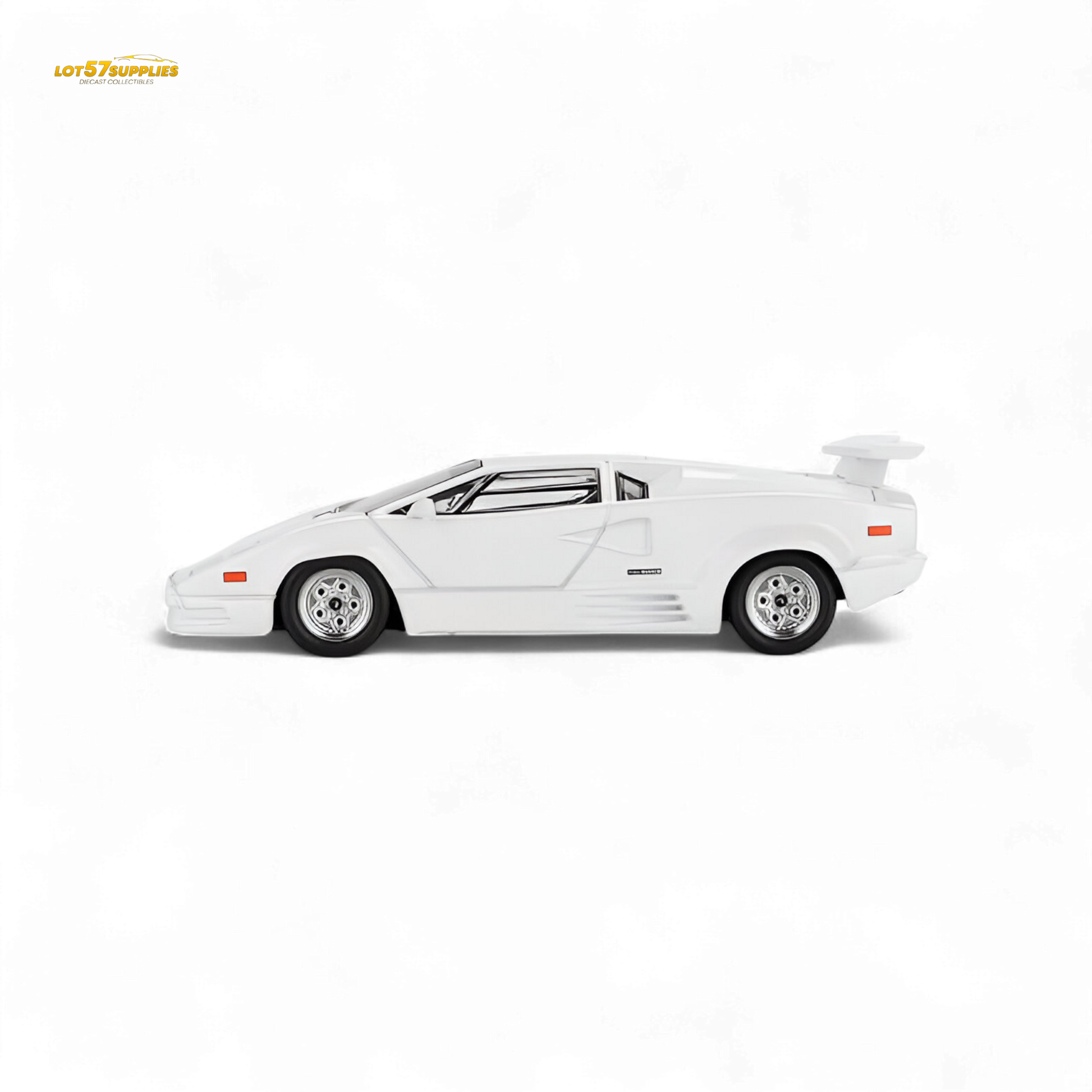 White Mini-GT Lamborghini Countach 25th Anniversary diecast model in 1:64 scale, detailed toy car for collectors