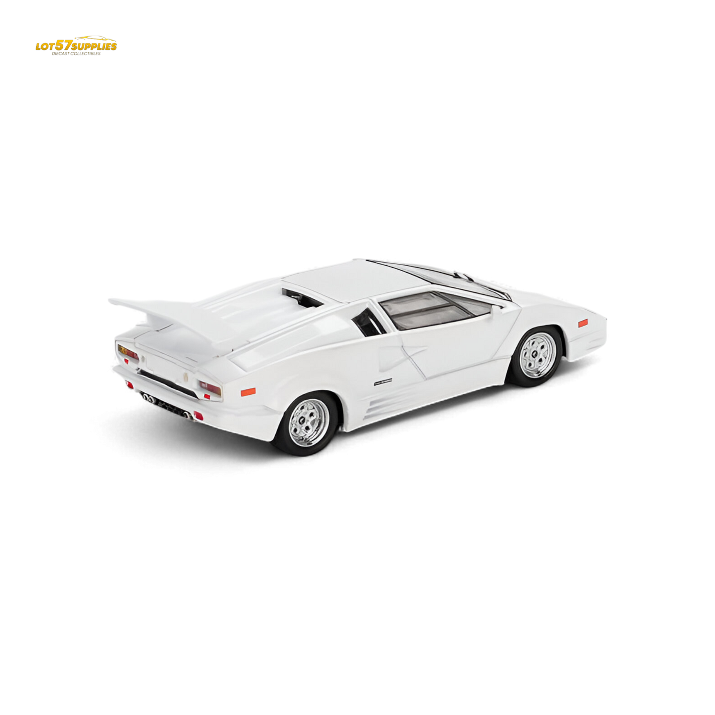 White 1:64 scale Lamborghini Countach Mini-GT diecast car celebrating 25th Anniversary, detailed miniature model by Lot57Supplies.