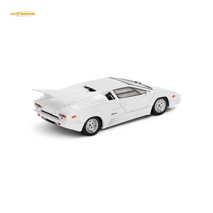 White 1:64 scale Lamborghini Countach Mini-GT diecast car celebrating 25th Anniversary, detailed miniature model by Lot57Supplies.