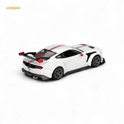 MiniGT Ford Mustang GTD Spirit of America diecast car in 1:64 scale, featuring detailed blue and white racing livery.