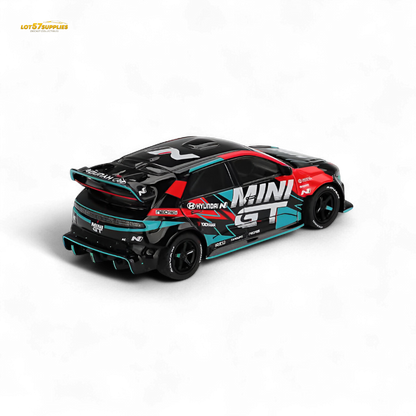 MiniGT Hyundai Ioniq 5N diecast model, 1:64 scale, detailed replica in vibrant colors, showcasing Hyundai's electric vehicle design.