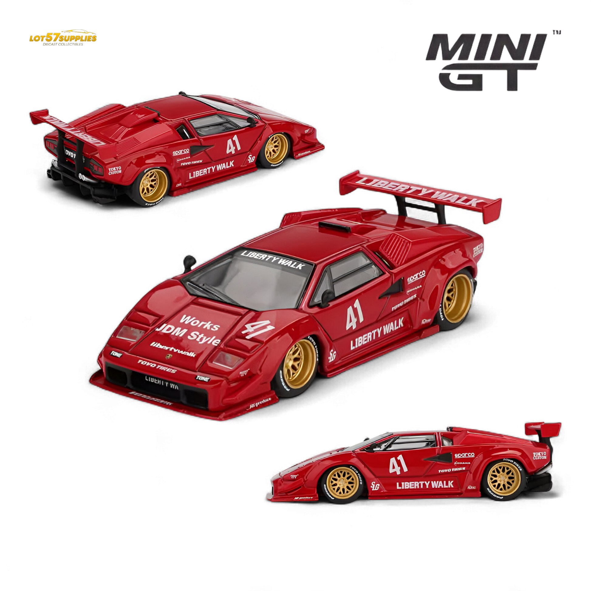 Red 1:64 scale Lamborghini Countach LB-WORKS diecast model by Lot57Supplies Diecast Shop, detailed miniature car for collectors.
