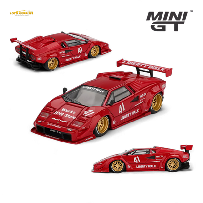 Red 1:64 scale Lamborghini Countach LB-WORKS diecast model by Lot57Supplies Diecast Shop, detailed miniature car for collectors.