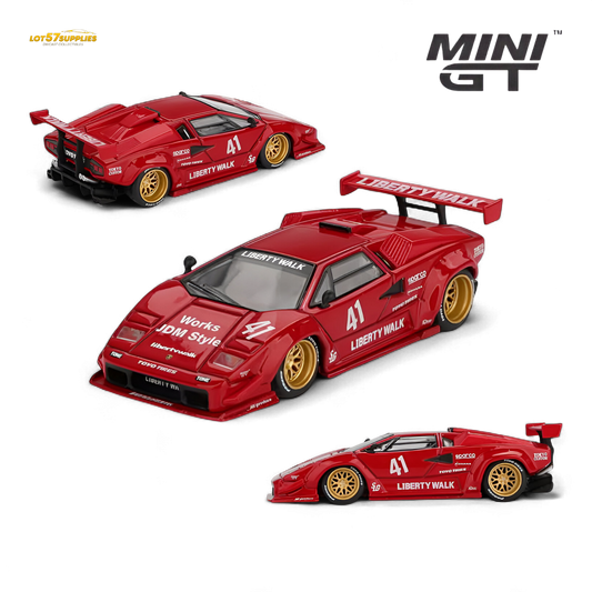 Red 1:64 scale Lamborghini Countach LB-WORKS diecast model by Lot57Supplies Diecast Shop, detailed miniature car for collectors.