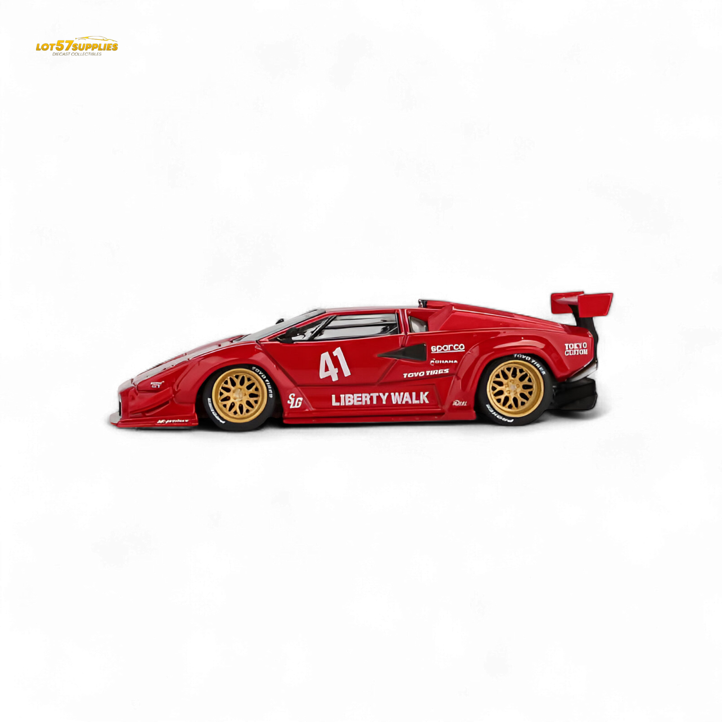 Red MiniGT Lamborghini Countach LB-WORKS diecast model in 1:64 scale with detailed exterior and Lamborghini branding.