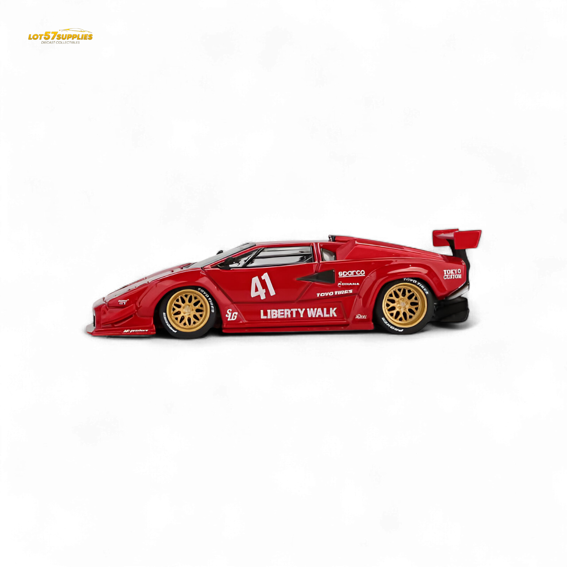 Red MiniGT Lamborghini Countach LB-WORKS diecast model in 1:64 scale with detailed exterior and Lamborghini branding.