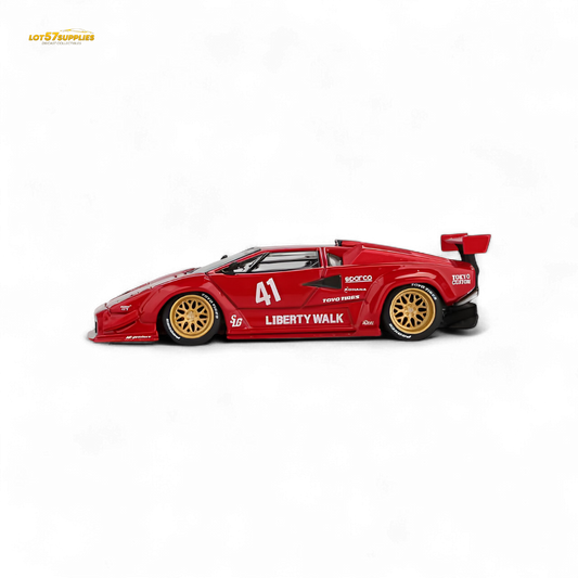 Red MiniGT Lamborghini Countach LB-WORKS diecast model in 1:64 scale with detailed exterior and Lamborghini branding.
