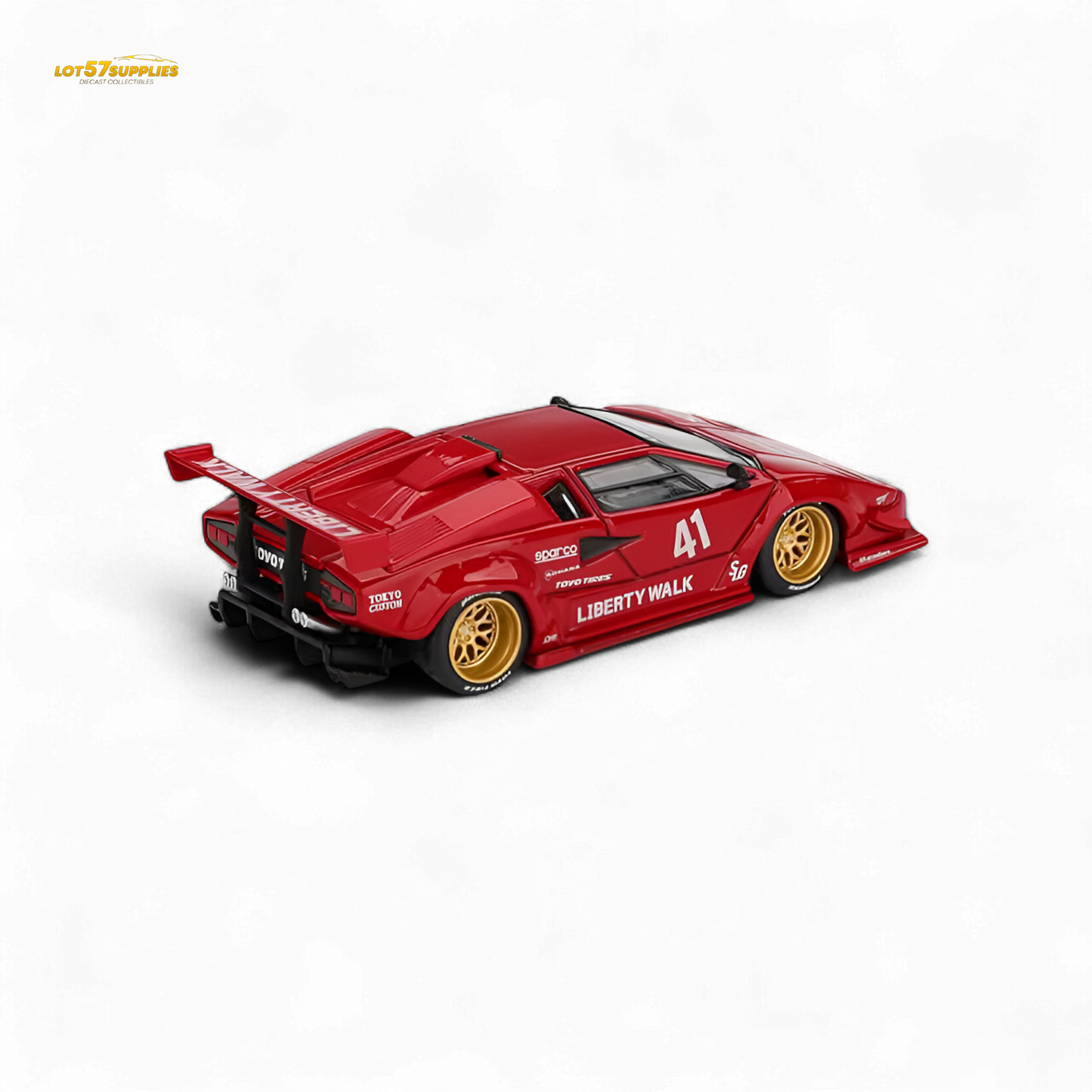 Red 1:64 scale Lamborghini Countach LB-WORKS diecast model by Lot57Supplies Diecast Shop, detailed miniature automotive collectible.