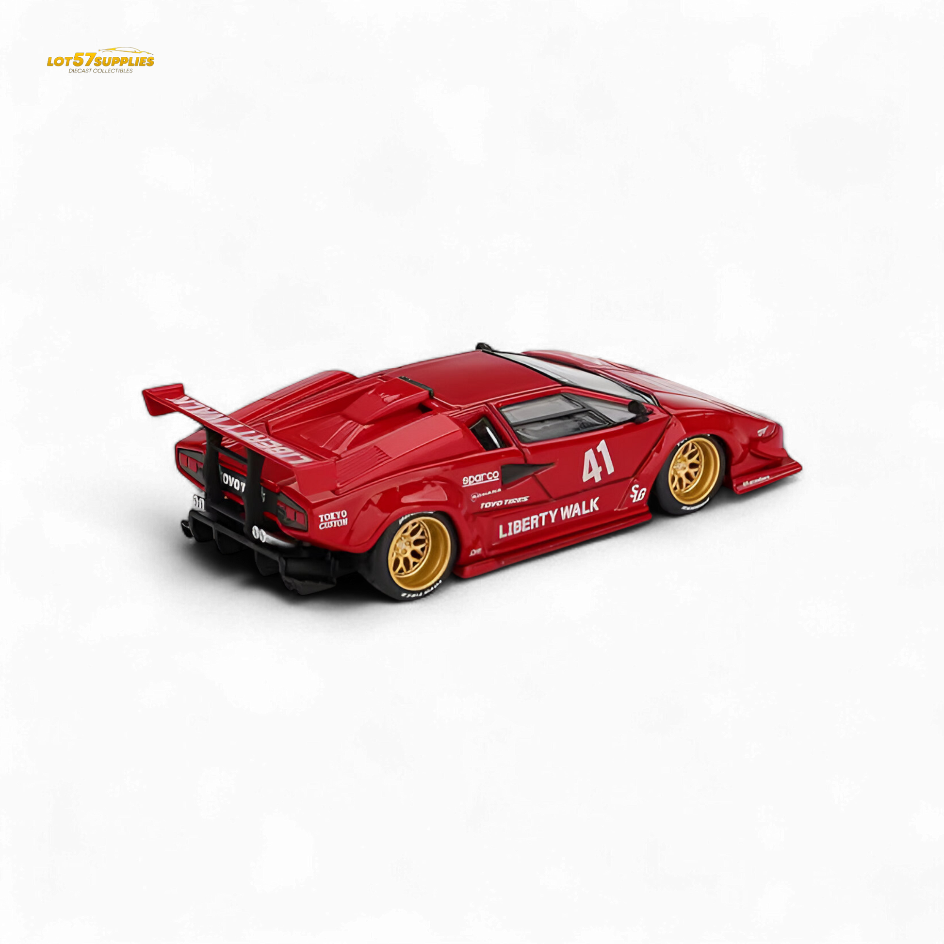 Red 1:64 scale Lamborghini Countach LB-WORKS diecast model by Lot57Supplies Diecast Shop, detailed miniature automotive collectible.
