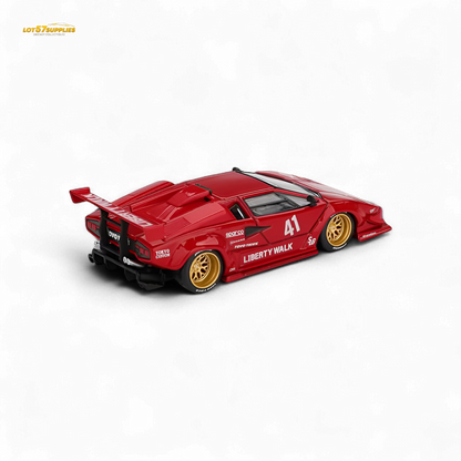 Red 1:64 scale Lamborghini Countach LB-WORKS diecast model by Lot57Supplies Diecast Shop, detailed miniature automotive collectible.