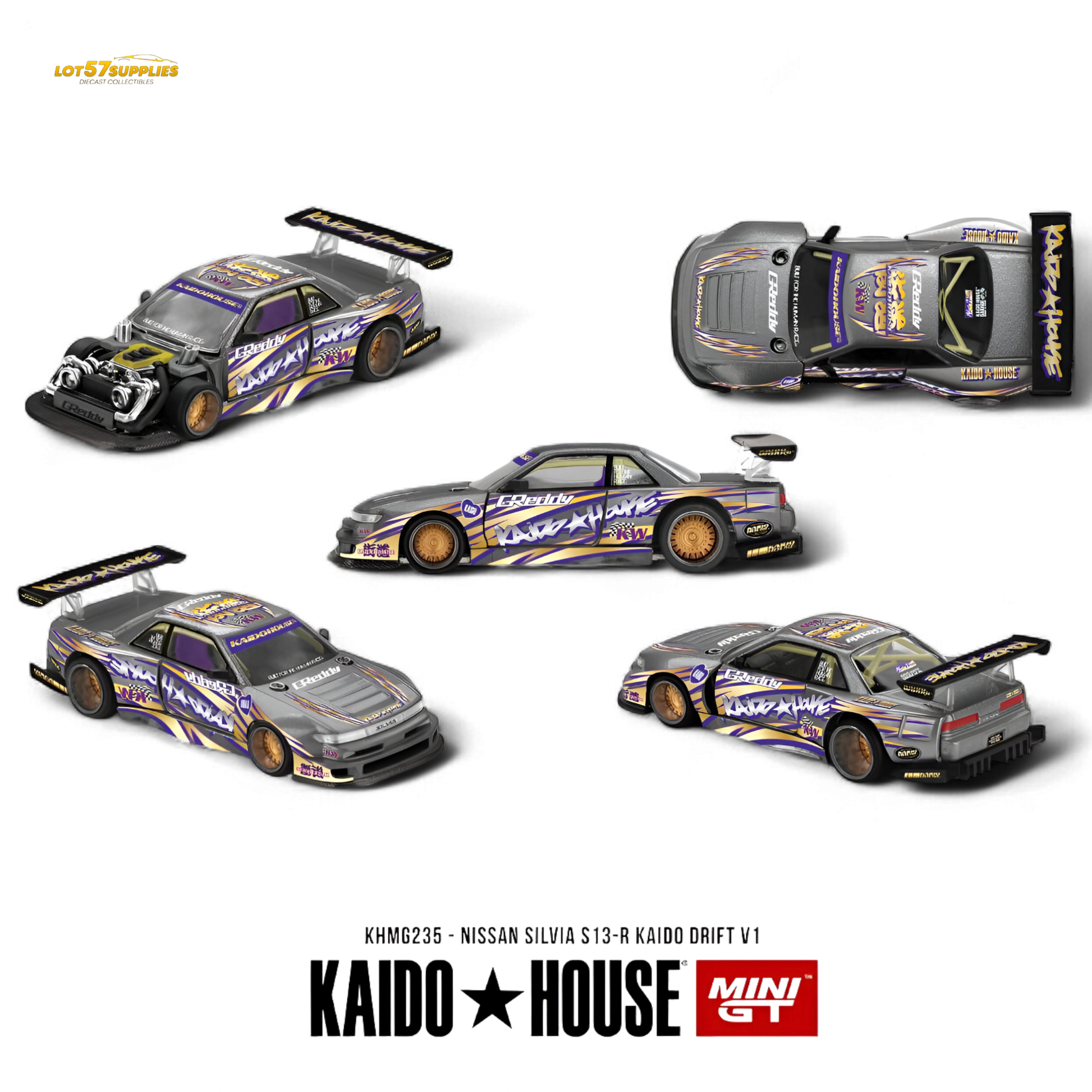 Pre-order Nissan KAIDO Nissan Silvia S13-R diecast model in 1:64 scale, detailed miniature car from Lot57Supplies Diecast Shop