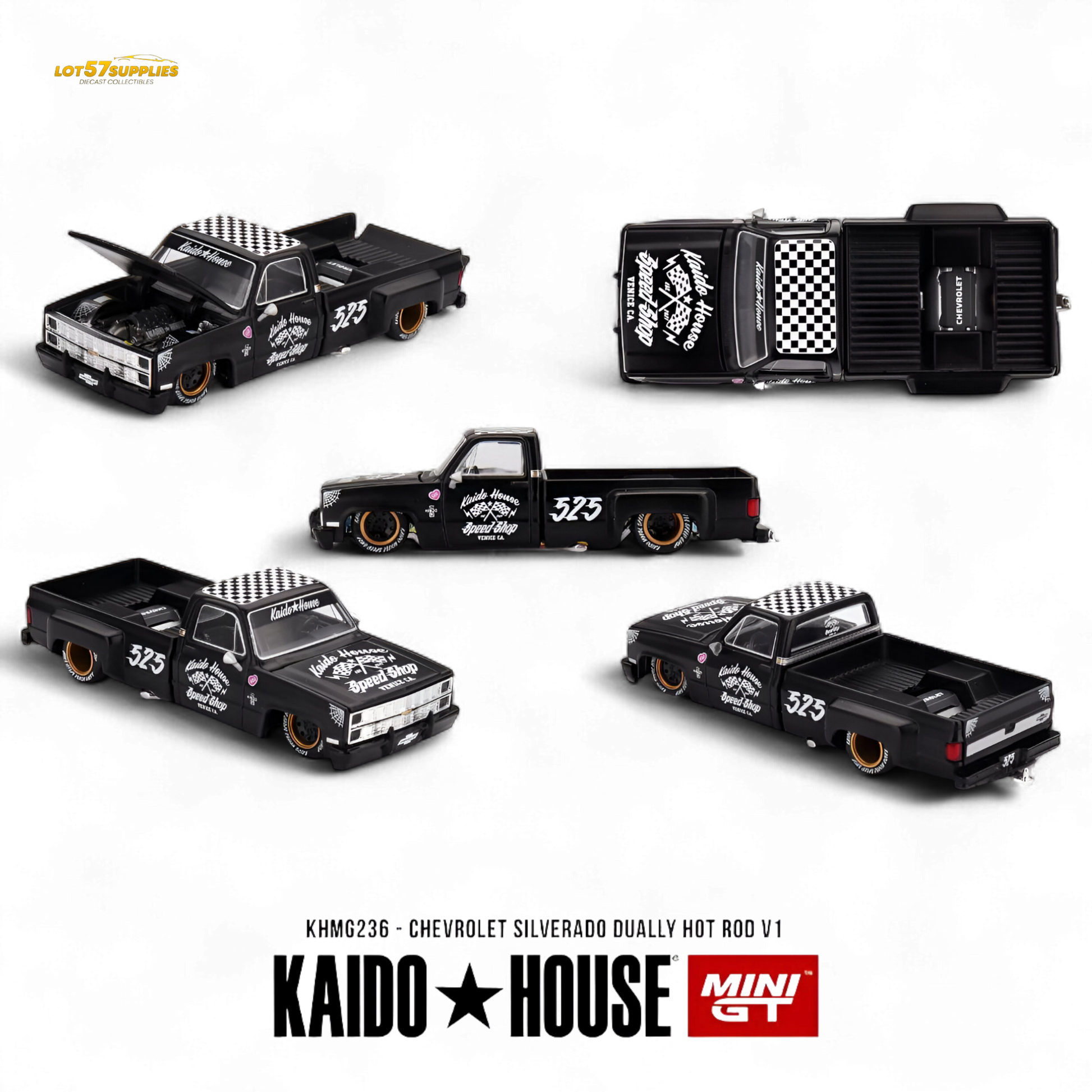 Pre-order Chevrolet Silverado Dually Hot Rod V1 diecast model by Lot57Supplies, detailed 1:64 scale Chevrolet pickup truck.