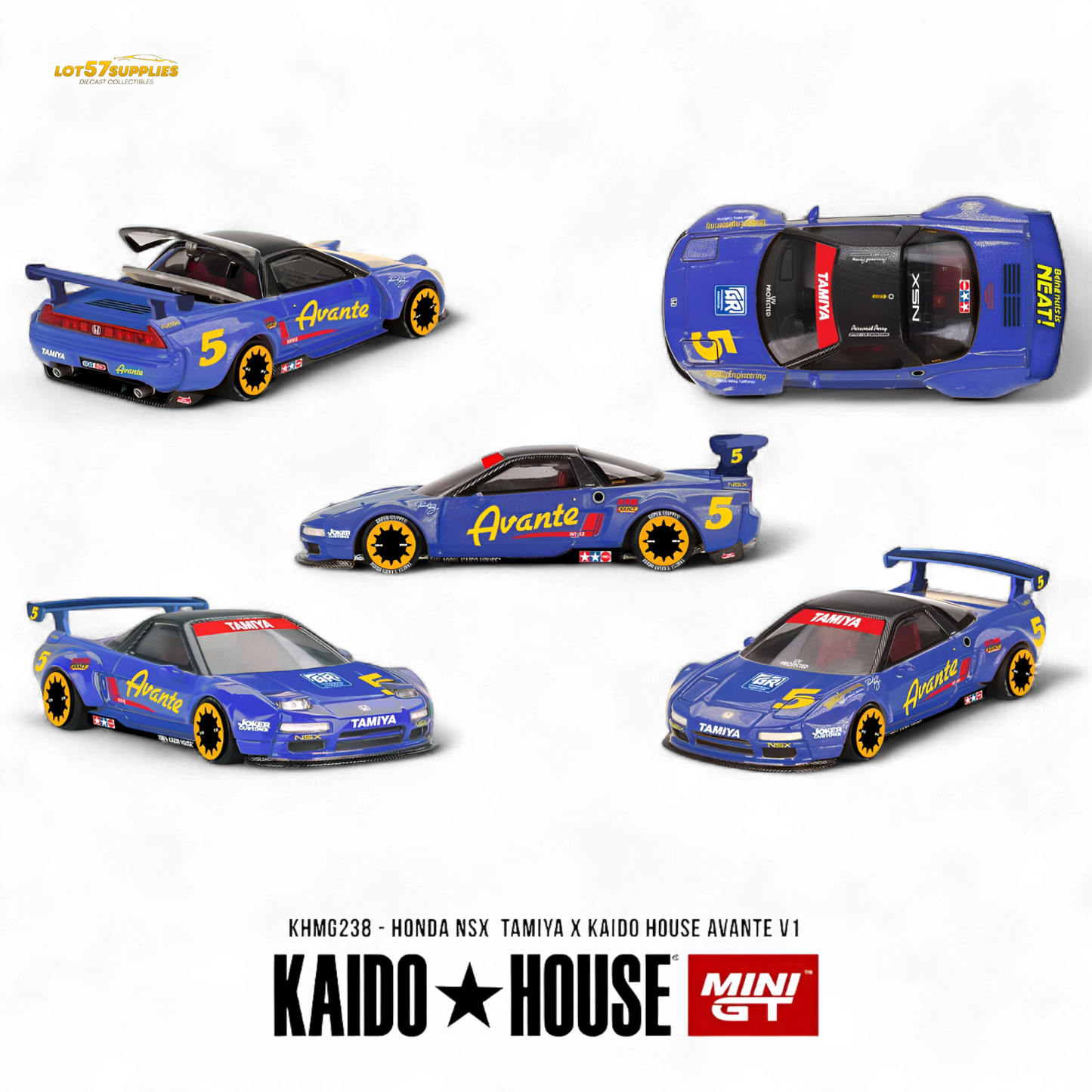 Pre-order Honda NSX TAMIYA x KAIDO HOUSE AVANTE V1 diecast model in 1:64 scale, detailed Honda car toy with intricate features.