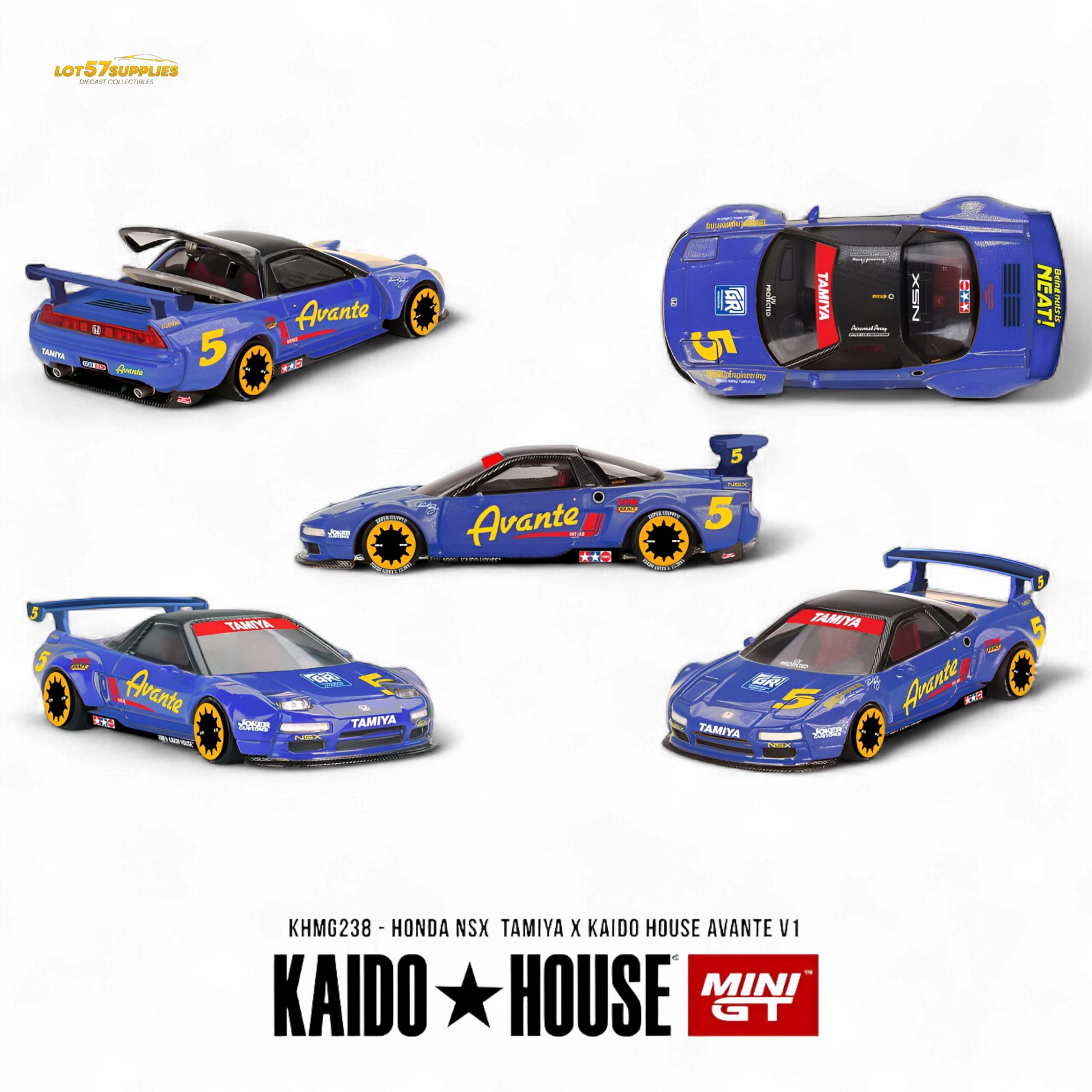 Pre-order Honda NSX TAMIYA x KAIDO HOUSE AVANTE V1 diecast model in 1:64 scale, detailed Honda car toy with intricate features.