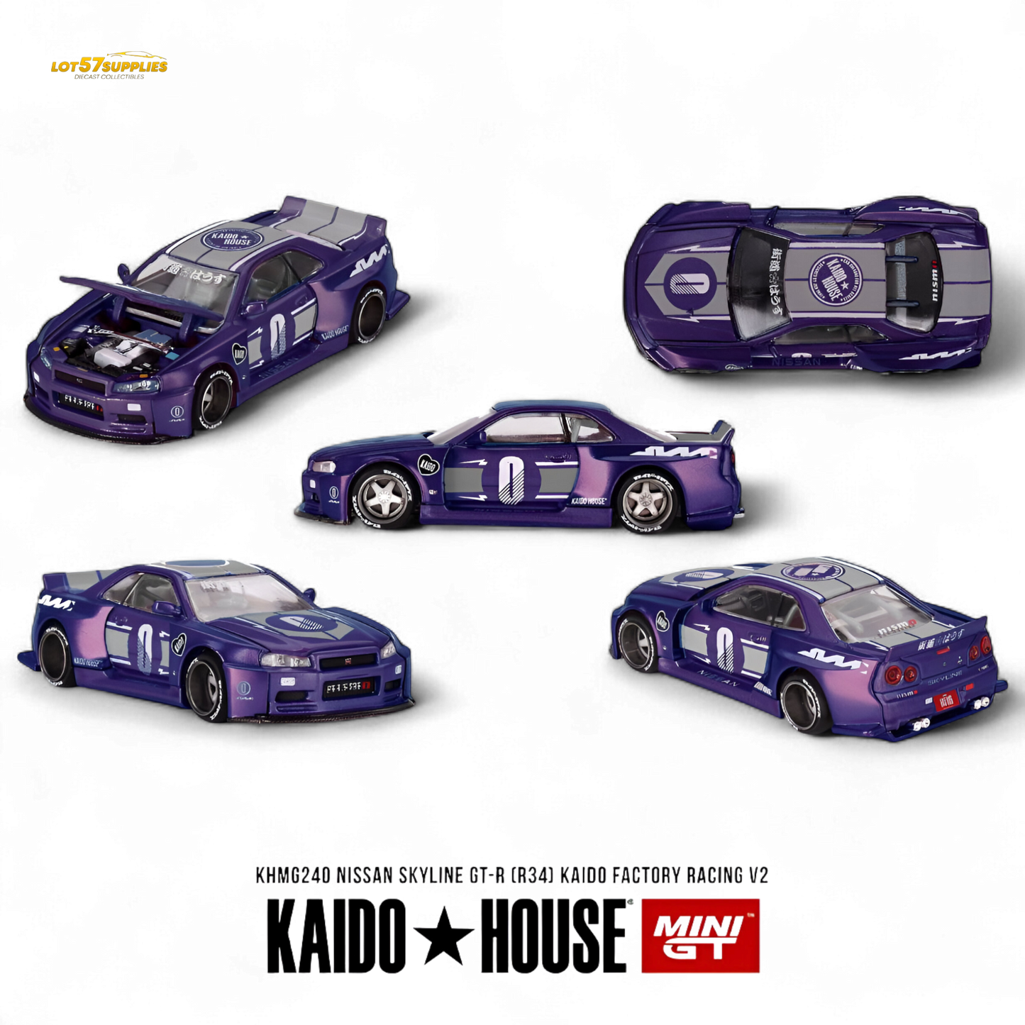 Pre-order Nissan Skyline GT-R R34 diecast model by Lot57Supplies, detailed 1:64 scale racing car with vibrant paint and decals.