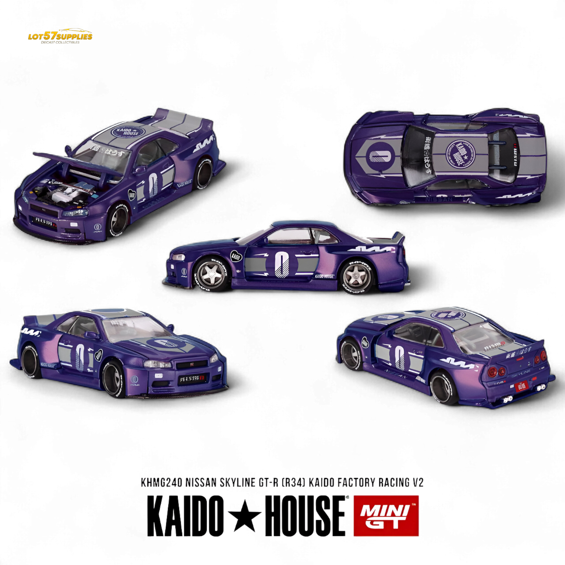Pre-order Nissan Skyline GT-R R34 diecast model by Lot57Supplies, detailed 1:64 scale racing car with vibrant paint and decals.