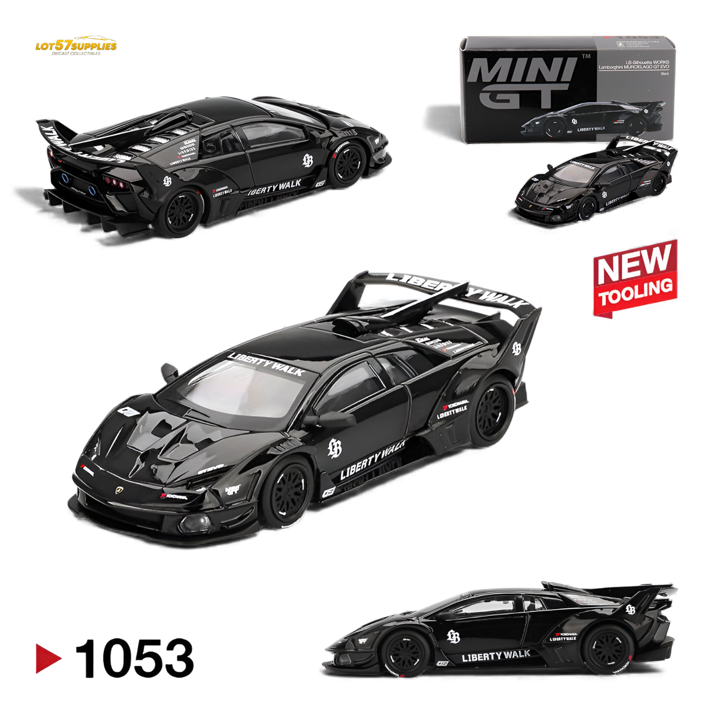 Mini GT Lamborghini Murcielago GT Evo diecast model in black, scaled 1:64, featuring detailed exterior and realistic design.