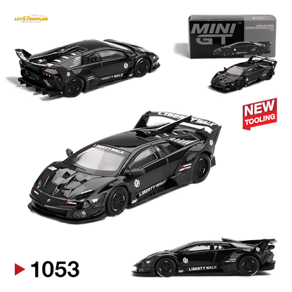 Mini GT Lamborghini Murcielago GT Evo diecast model in black, scaled 1:64, featuring detailed exterior and realistic design.
