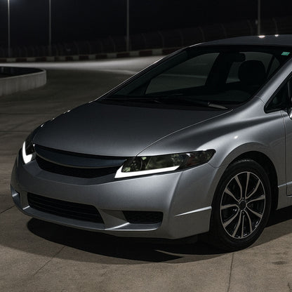 Spec-D OEM-style LED strip headlights for 2006-2011 Honda Civic Sedan, chrome and smoked finish, with sleek lighting design.