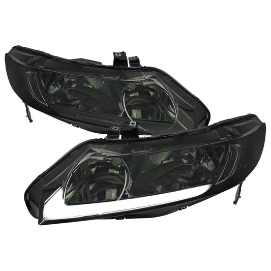 Spec-D OEM-style LED strip headlights for 2006-2011 Honda Civic Sedan, chrome and smoked finish, with sleek LED light strips.