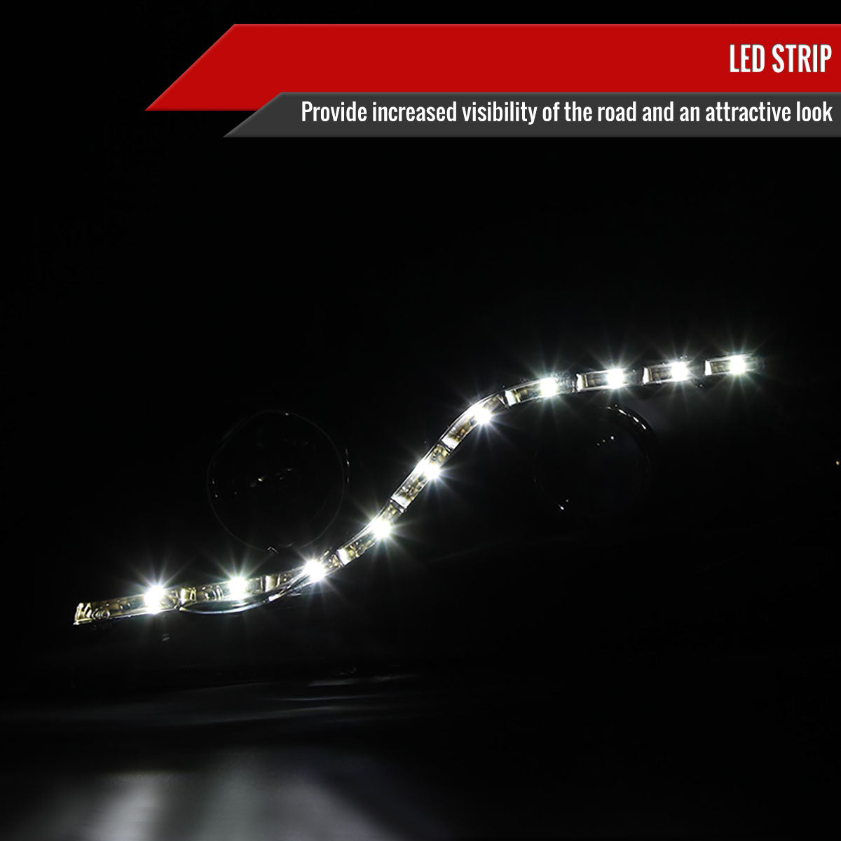 Black Spec-D R8-Style LED strip headlights for 2006-2011 Honda Civic Sedan, featuring sleek design and bright LED illumination.