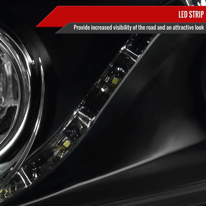 Black Spec-D R8-Style LED Headlights for 2006-2011 Honda Civic Sedan, featuring sleek design and LED strip lighting.