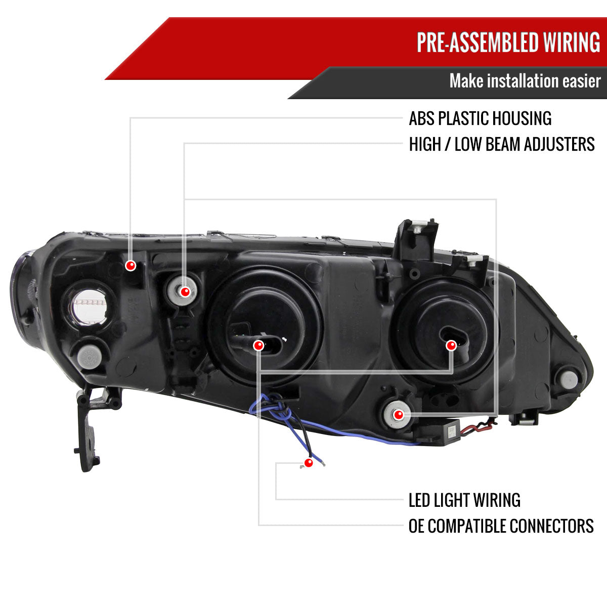 Spec-D R8-Style LED Headlights for 2006-2011 Honda Civic Sedan in black, featuring sleek LED strips and modern design.