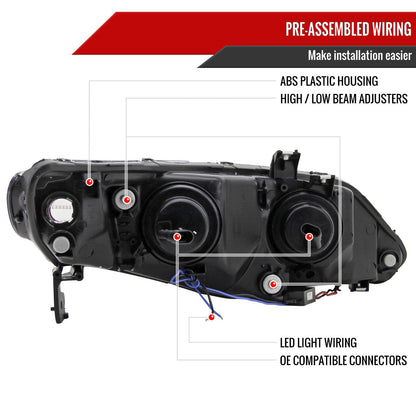 Spec-D R8-Style LED Headlights for 2006-2011 Honda Civic Sedan in black, featuring sleek LED strips and modern design.
