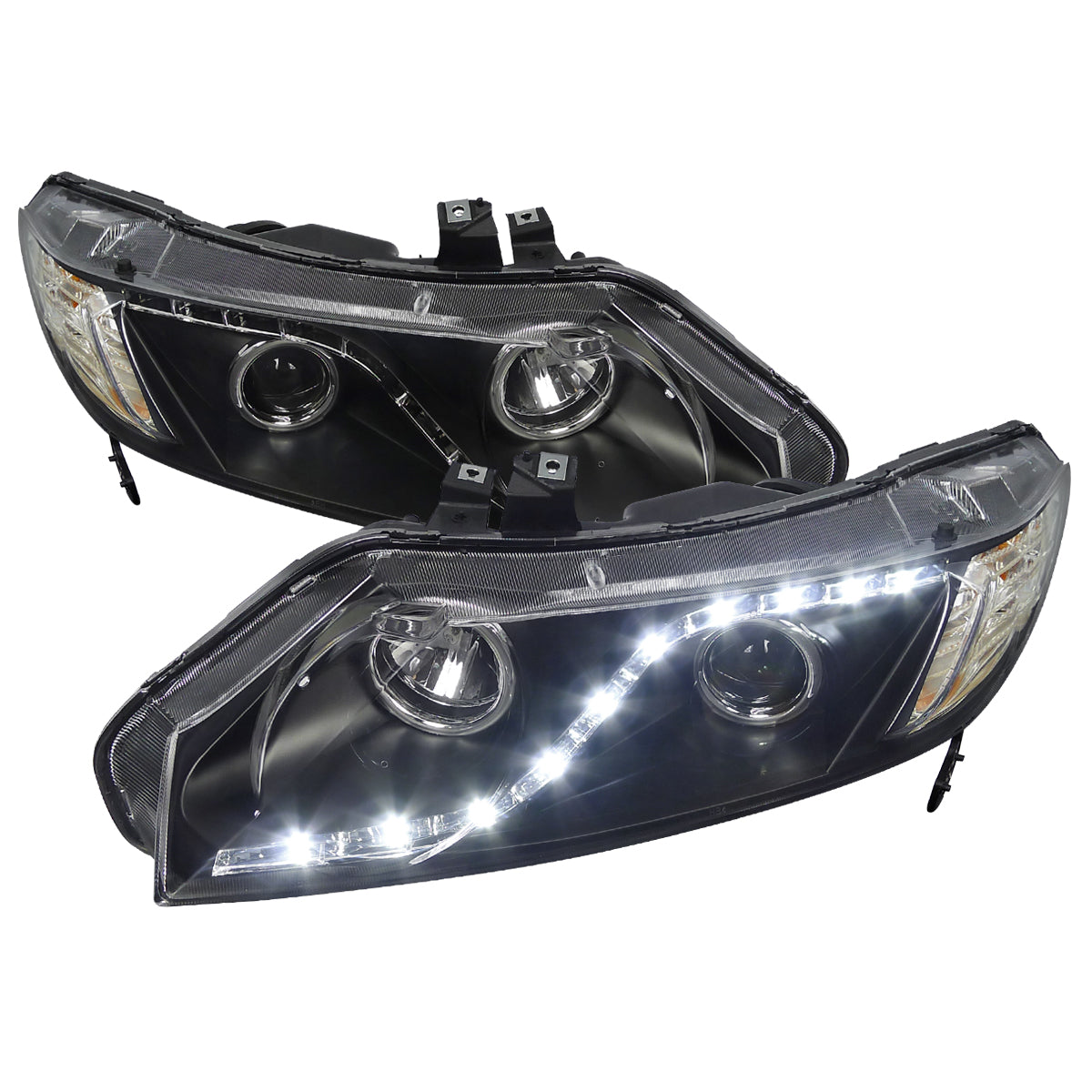 Black Spec-D R8-Style LED Strip Headlights for 2006-2011 Honda Civic Sedan, featuring modern LED design.