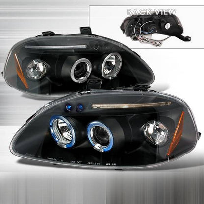 Black Spec-D Honda Civic 96-98 projector headlights with halo rings, designed for improved visibility and a sleek look.
