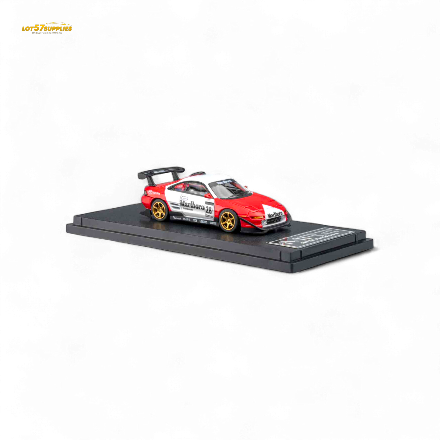 Miniature MicroTurbo Toyota MR2 diecast model in Marlboro livery, 1:64 scale, featuring detailed decals and vibrant racing design.