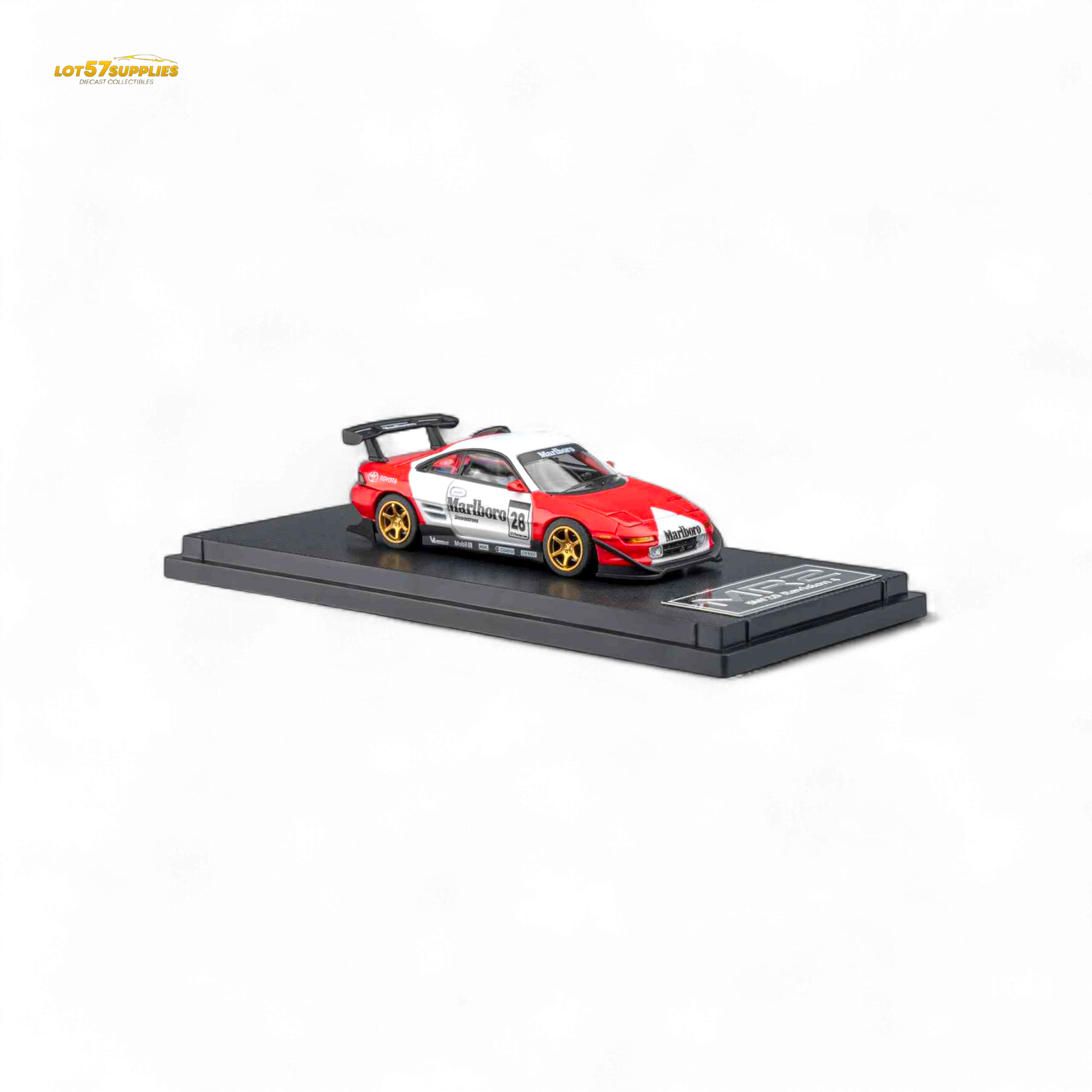 Miniature MicroTurbo Toyota MR2 diecast model in Marlboro livery, 1:64 scale, featuring detailed decals and vibrant racing design.